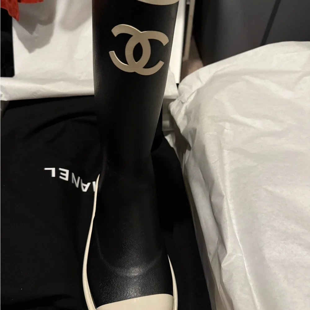 CHANEL Black and White Signature Tall Rain Boots